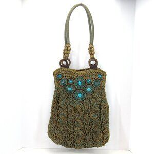 Chico's Paper Straw and Turquoise Medallions Boho Shoulder Bag with Beads
